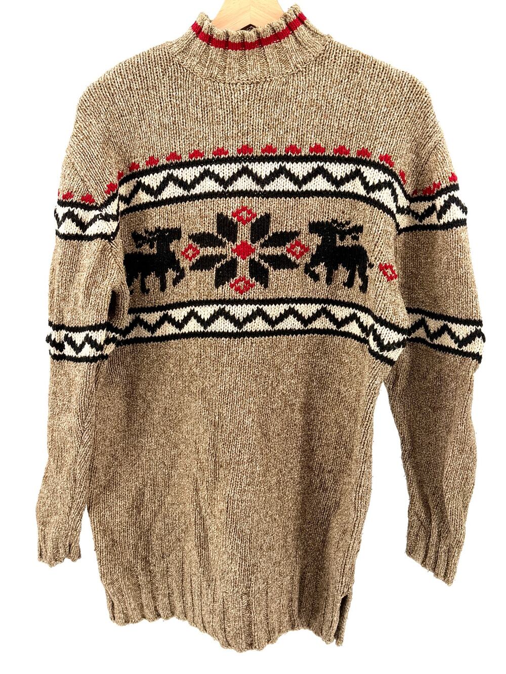 Vintage 90s Eddie Bauer Tan Red Fair Isle Reindeer Silk Blend Sweater